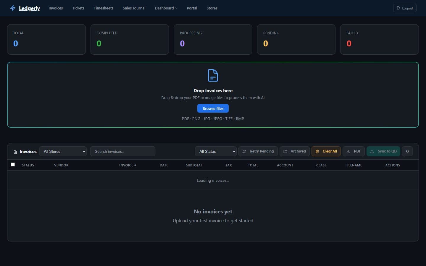 Ledgerly invoice automation dashboard with AI extraction and QuickBooks sync